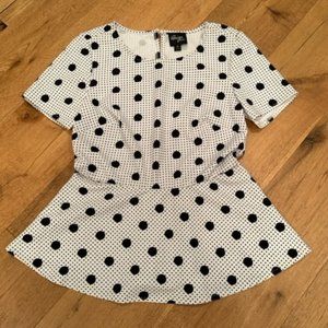 White and Black Polka Dot Peplum Top - Size Medium